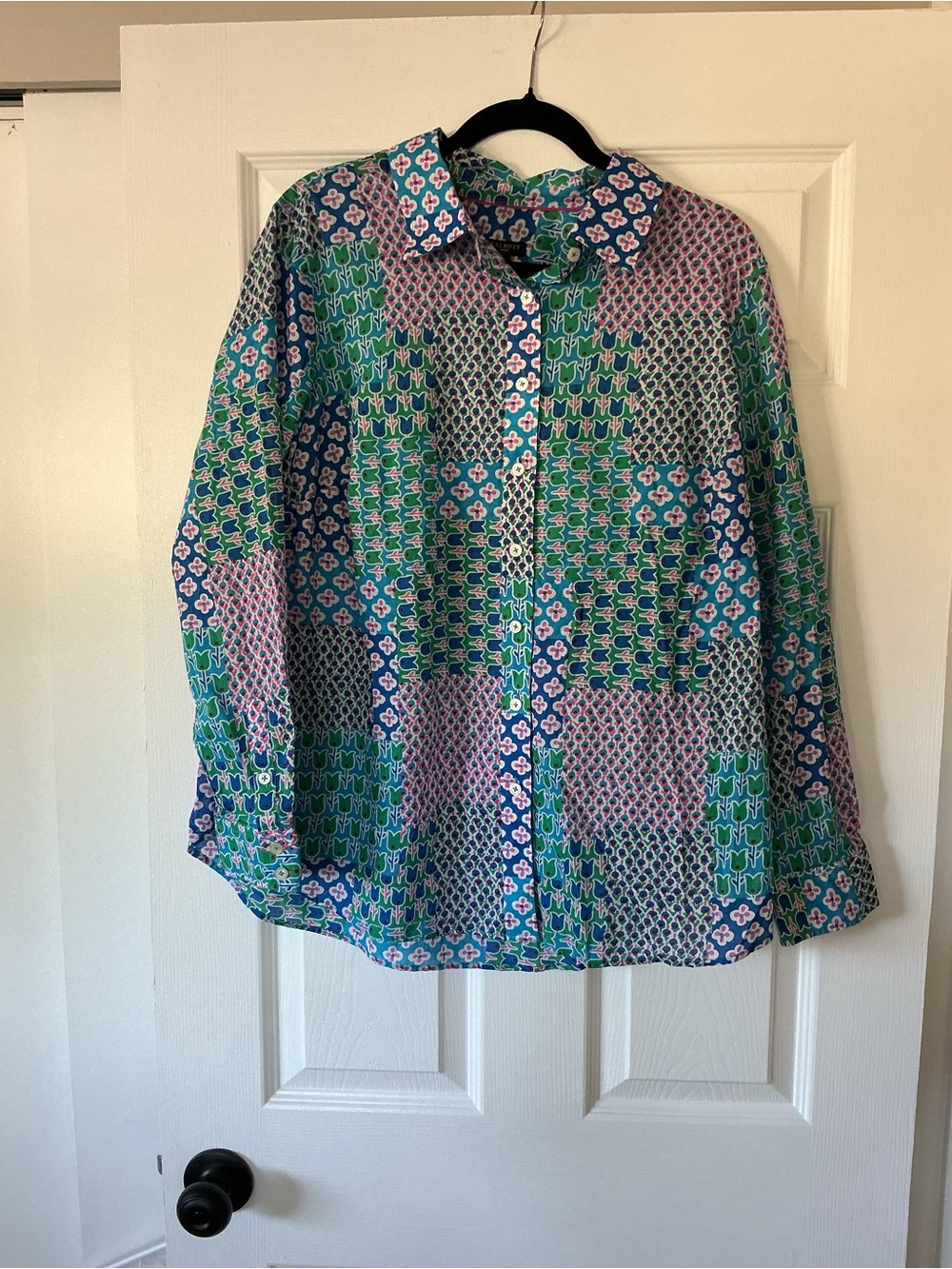 Talbots Patchwork Print Button-Down Shirt in Blue, Green & Pink